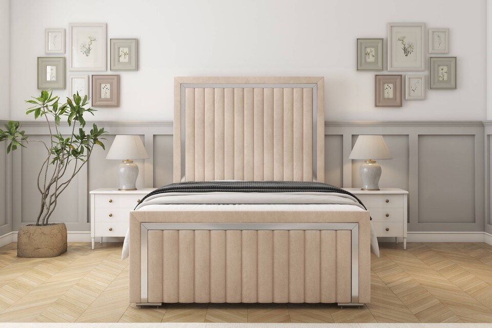 image 1 of Sloomy Boston Chrome Sand Naples Bed Frame With 50" Upholstered Headboard 6' Super King