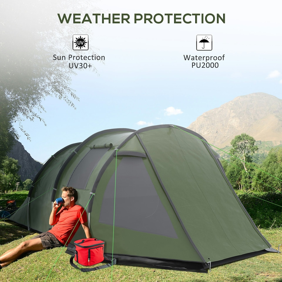 image 1 of Outsunny 3-4 Persons Tunnel Tent, Two Room Camping Tent w/ Windows, Black