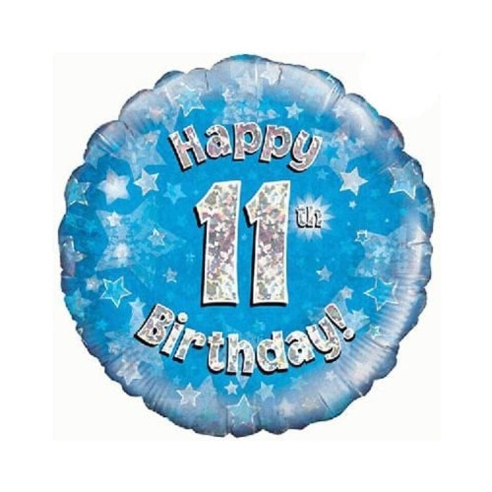 Blue Happy 11th Birthday Holographic Round Foil Helium Balloon 46cm / 18 in