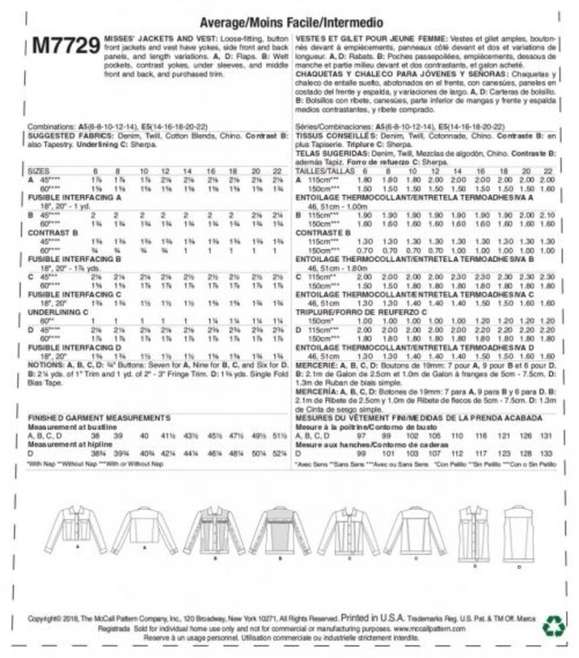 image 1 of McCall's 7729 Paper Sewing Pattern – Women’s Jackets & Waistcoats, Size E5 (14–16–18–20–22), Intermediate