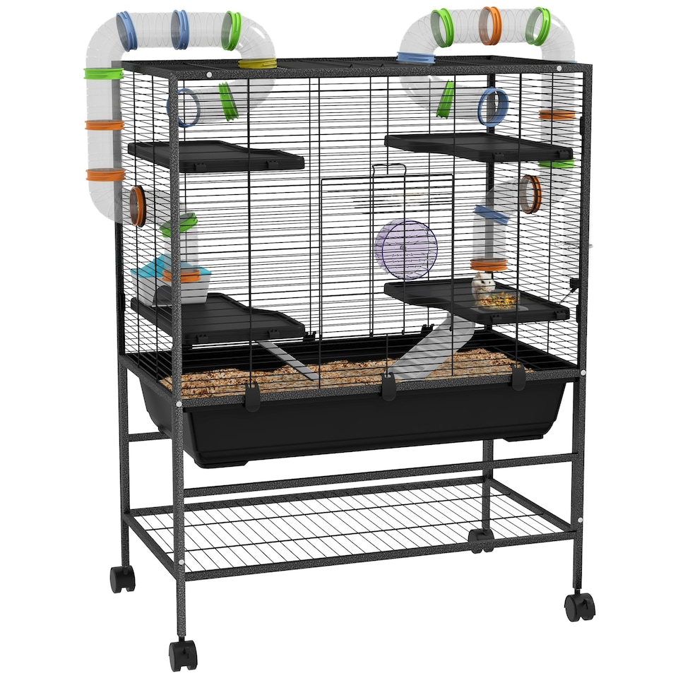 image 1 of PawHut Large Hamster Cage, Rat Cage w/ Wheels, Tubes, Storage Shelf, Ramps