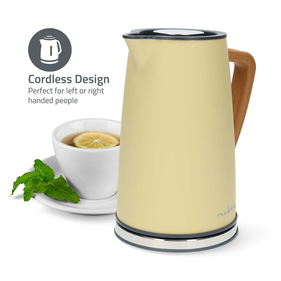 image 1 of Nedis 1.7L Soft Touch Jug Kettle with Wood Effect Handle, Overheat Protection, Removeable Filter, 2.2KW - Matte Soft Yellow