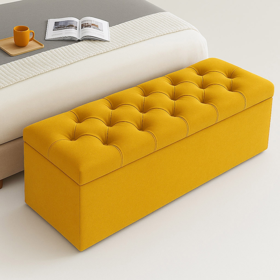 image 1 of 90cm Chesterfield Ottoman Storage Box, Mustard Gold Plush Velvet Upholstered Blanket Box, End of Bed Bench, Deep Storage Chest