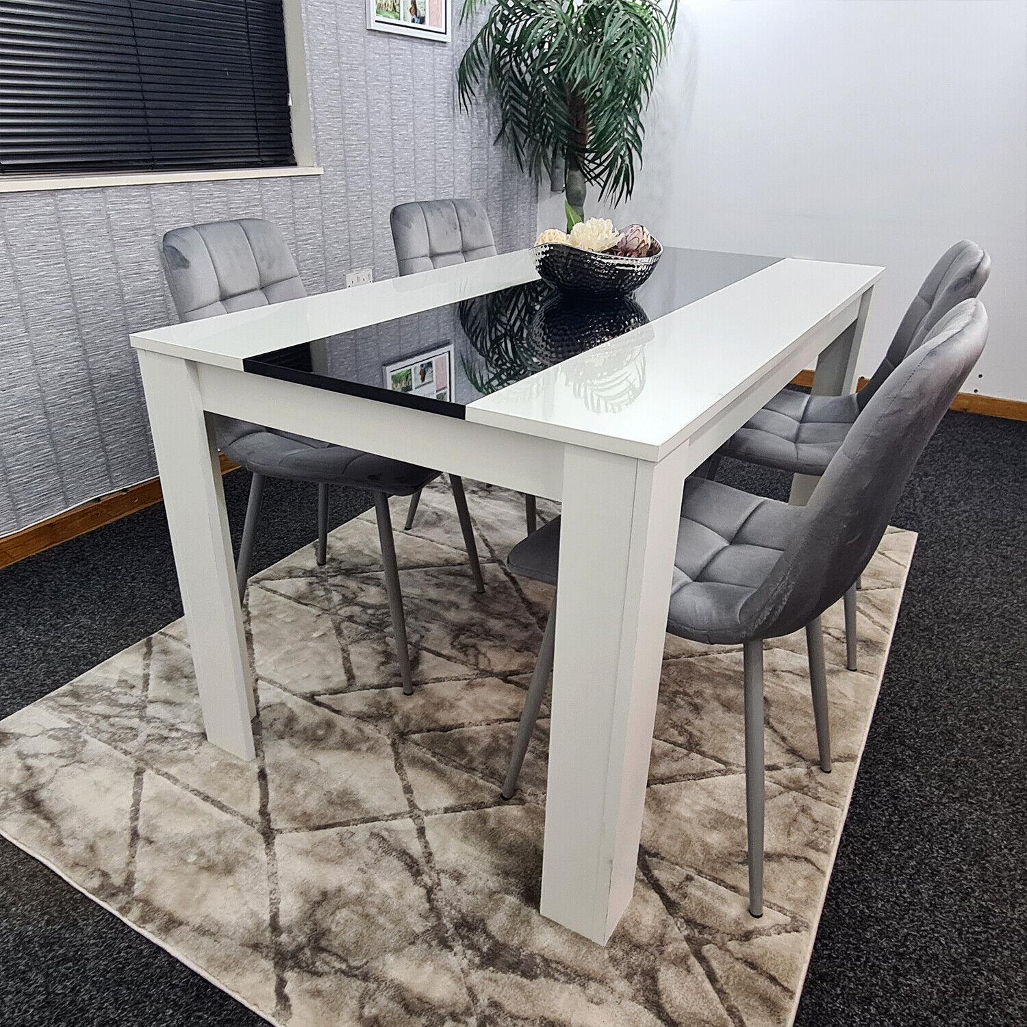 Kitchen Dining Table Set Of 4 Wooden Table Grey Velvet Tufted Chairs White Black Table