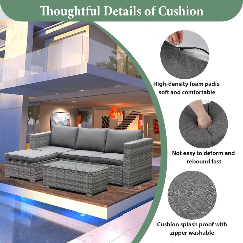 image 1 of 3-Piece Rattan Garden Corner Sofa Set with Coffee Table & Washable Cushions