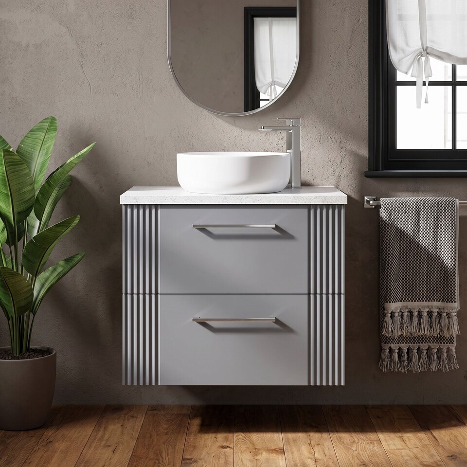 image 1 of Balterley Partial Fluted 2 Drawer Wall Hung Vanity Unit with Sparkling Laminate Worktop | Grey | Satin Grey