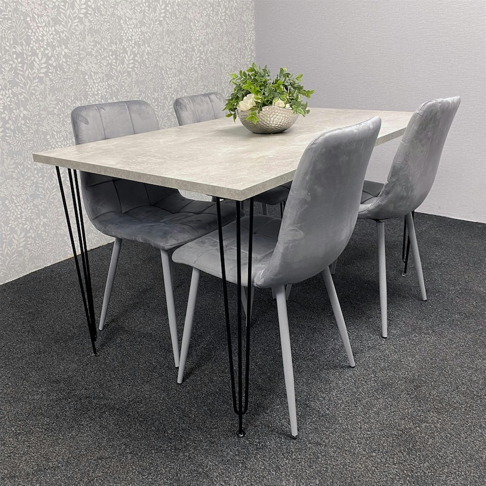 image 1 of Grey Dining Table with Hairpin Legs & 4 Grey Velvet Chairs Set for Kitchen & Dining Room Grey