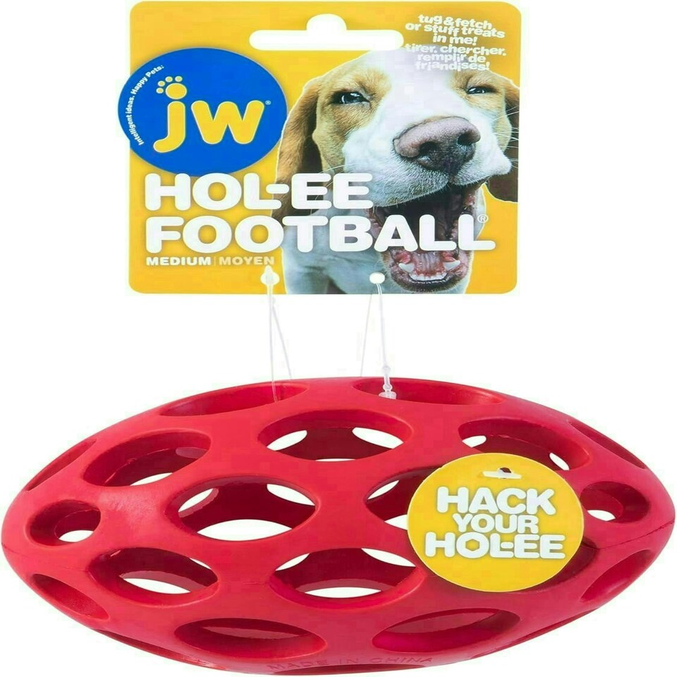 image 1 of JW Hol-ee Roller Dog Toy Treat Ball American Football Shaped Durable Rubber Dog Ball - Chew Treat Dispensing Ball - Medium