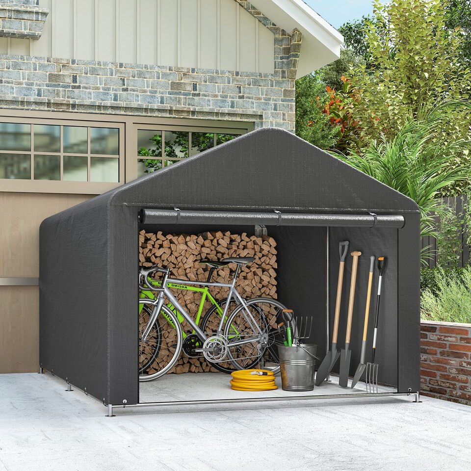 image 1 of Outsunny 6.6 x 7.8ft Outdoor Garden Storage Shed, Waterproof Bike Tent with Roll-up Zipper Door, Galvanised Metal Frame, Portable Shed Shelter Carport for Motorcycle Garden Tools, Dark Grey