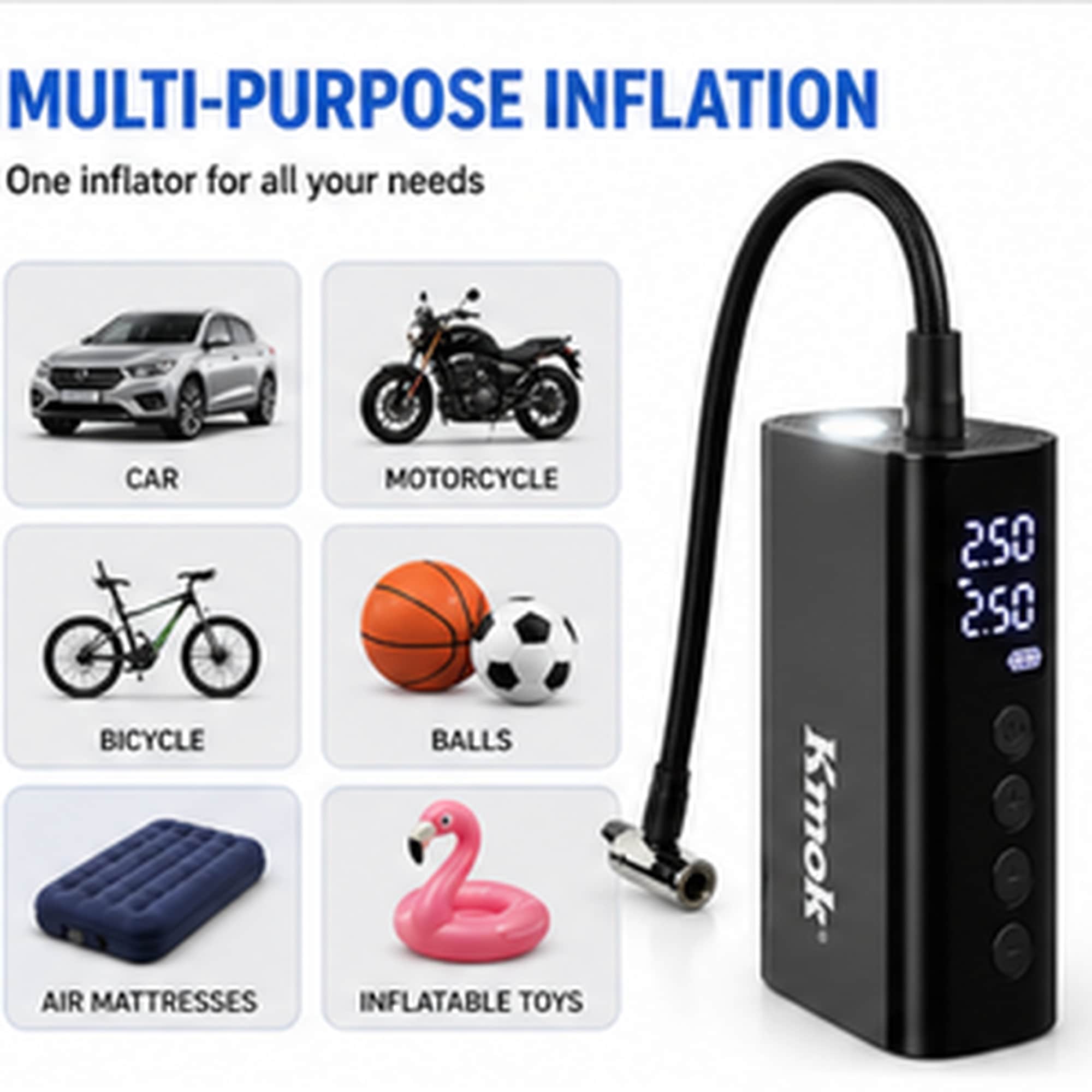 Cordless Tire Inflator, 150PSI Portable Air Compressor with Digital Pressure Gauge, 5 Preset Modes, Rechargeable Battery, Power Bank & LED Light, for Car Tires, Bikes, Balls, Air Mattress by Ranoke