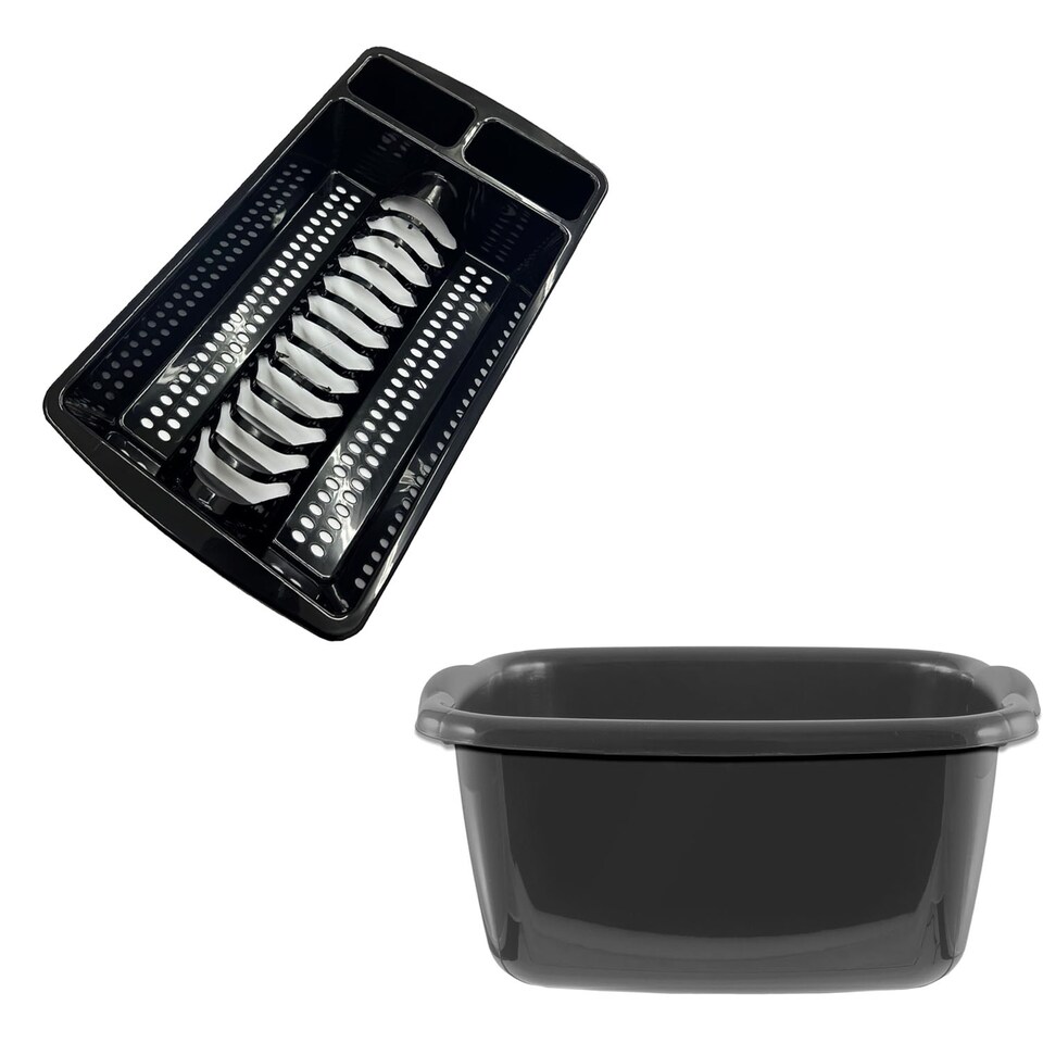 image 1 of Set Of Black Rectangular Washing Up Bowl & Dish Drainer Rack Kitchen Sink Utensil Holder