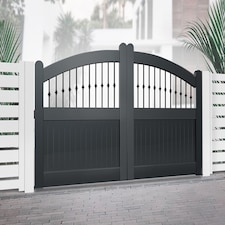 Double Swing Gate 4250x1800mm Black - Vertical Solid Infill, Bell-Curved Top Black
