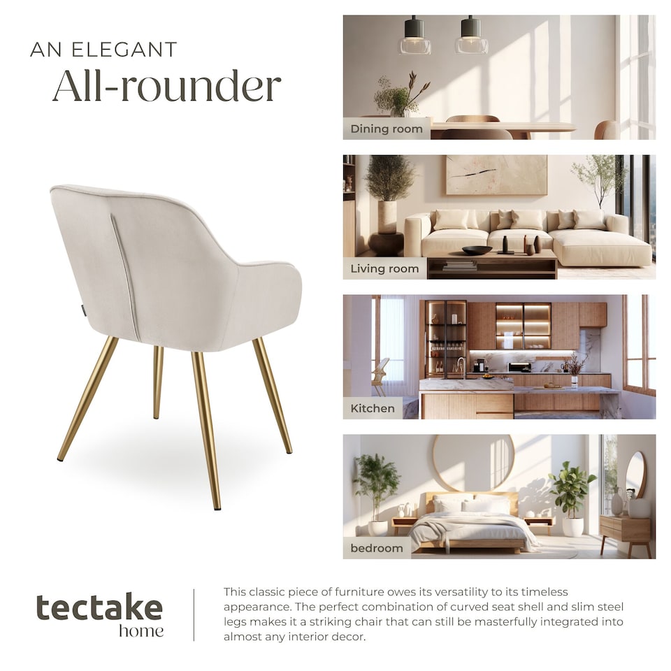 image 1 of Dining Chair Marilyn - quilted velvet, continuous backrest, gold steel legs | Grey | taupe/gold | One Size | 4