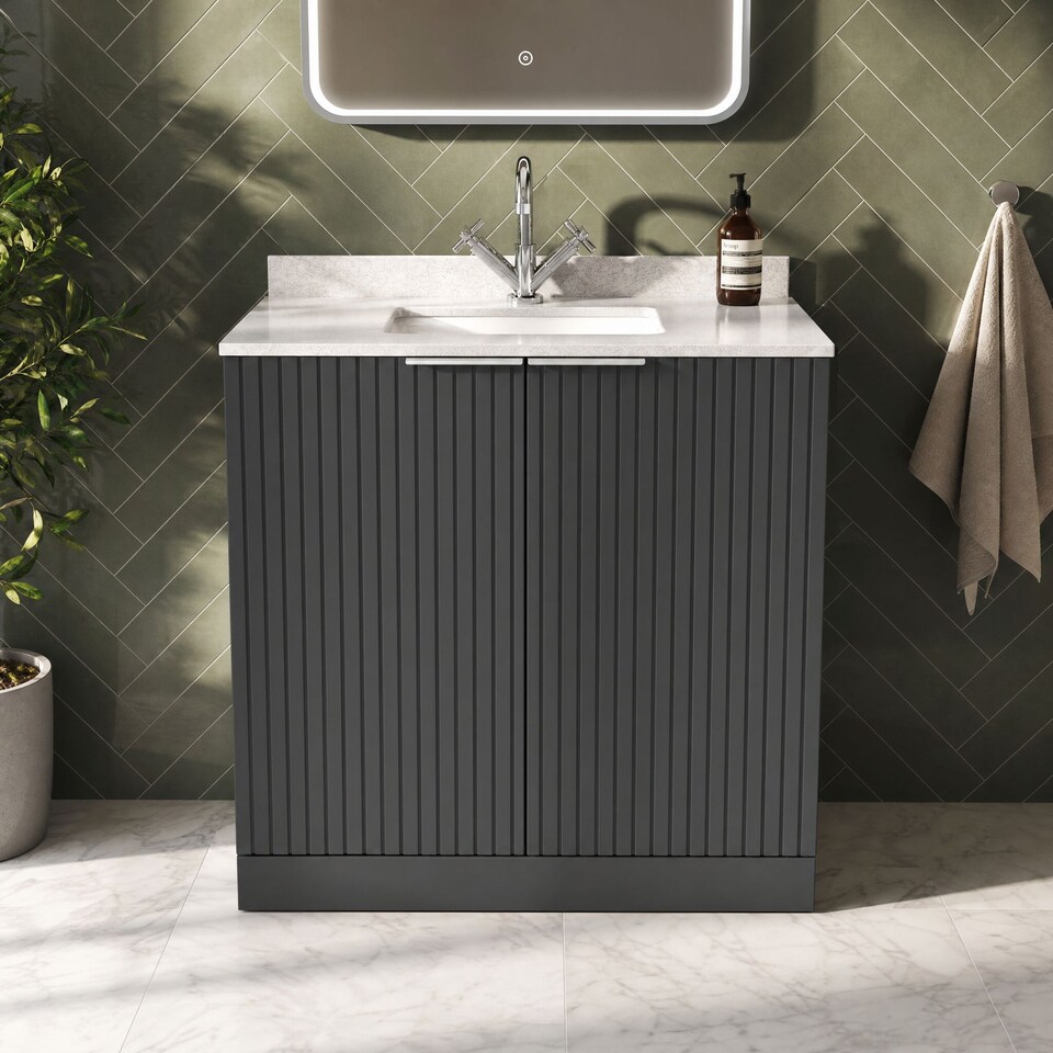 image 1 of Balterley Callingwood Contemporary Floor Standing 2 Door Vanity Unit with Marble Worktop with Basin , 800mm, Dark Grey