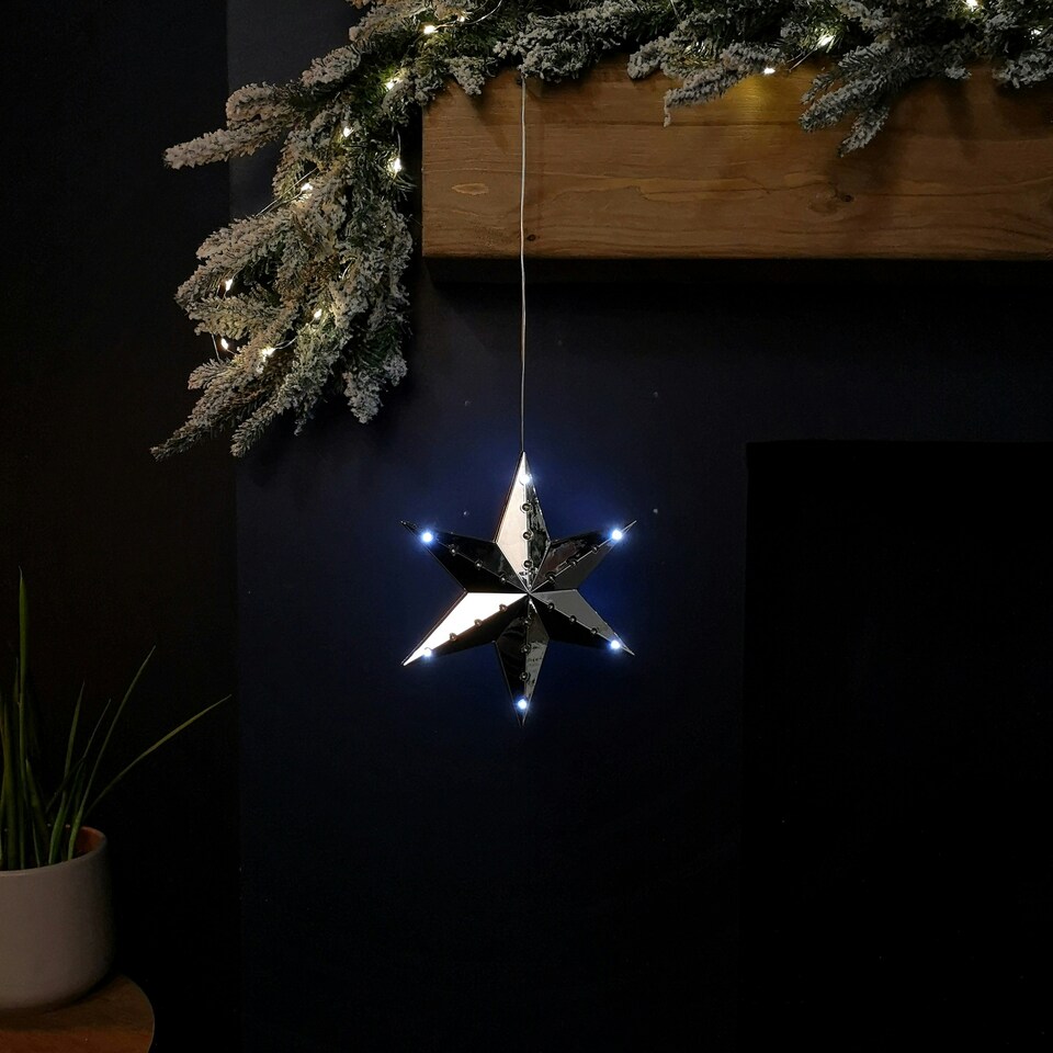 image 1 of 20cm Battery Operated Light up Hanging Christmas Shooting Star Bauble  in Silver with LEDs