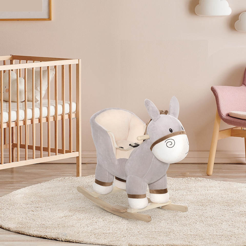 image 1 of HOMCOM Kids Rocking Horse, Children Plush Ride On Donkey Animal Rocker with Sound, Wood Base Seat, Safety Belt, Baby Toy Rocker for Toddler 18 - 36 Months, Grey