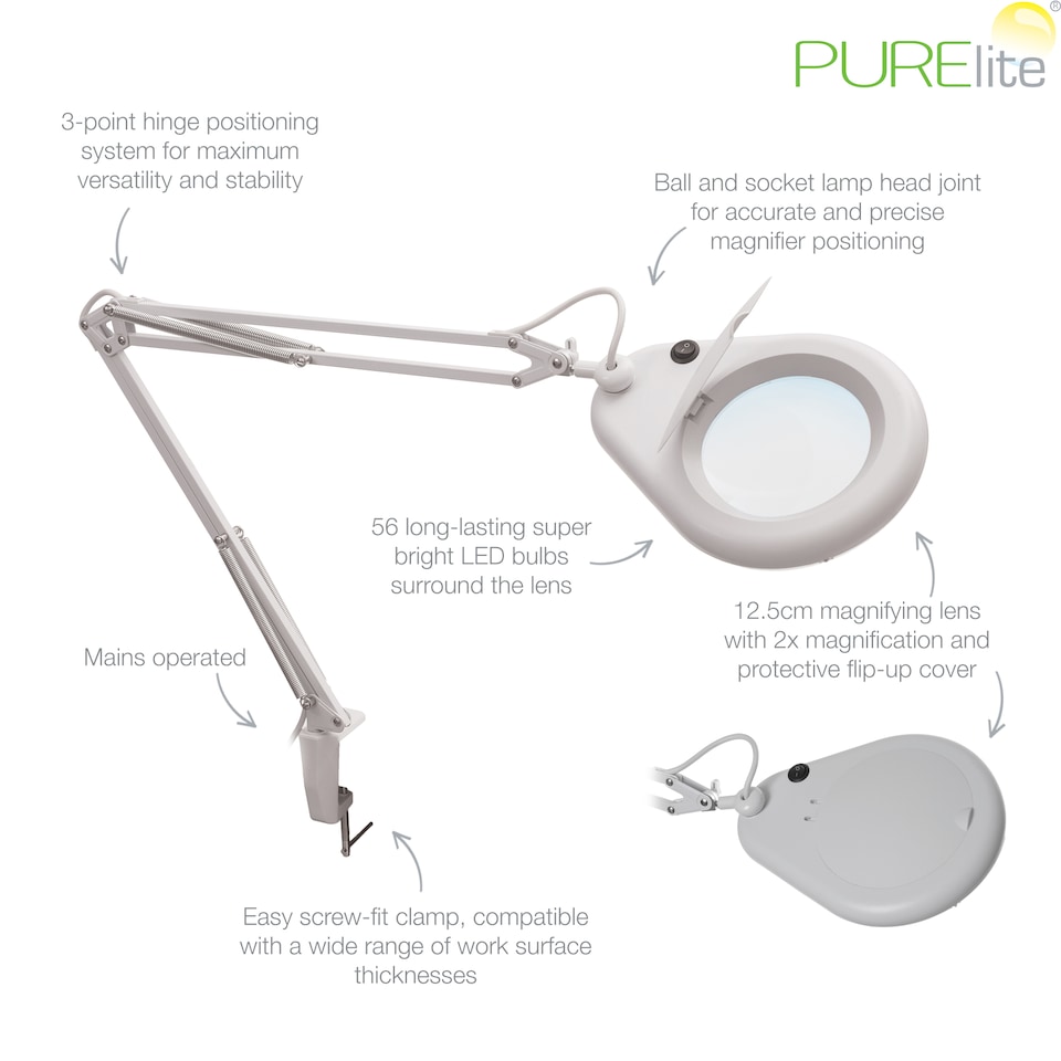 image 1 of PURElite LED Swivel Magnifying Lamp - Clip-on Table & Desk Lamp, Flexible Neck, 10cm Lens with 2x Magnification
