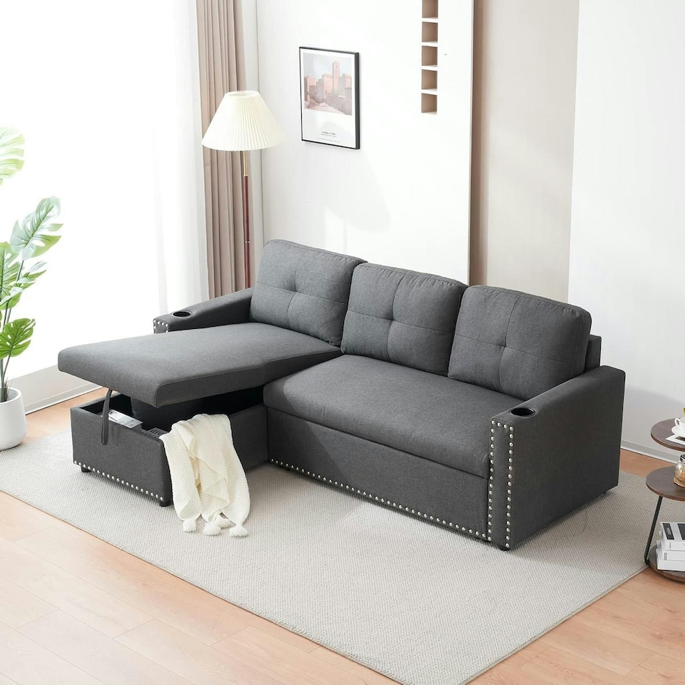image 1 of Sofabed 3 Seater Reversible Sectional Sofa Sleeper Set with Storage Chaise, Built-in Cupholder, Decorative Rivets, Pull-out Bed, and Light Grey Fabric Grey