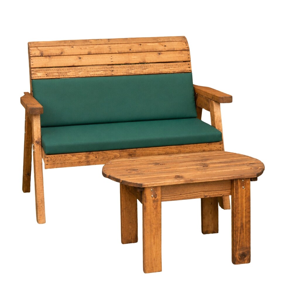 image 1 of 2 Seater Chunky Rustic Wooden Garden Furniture Bench With Coffee Table & Green Cushions