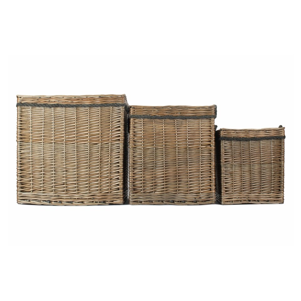 image 1 of Set of 3 Antique Wash Square Storage Log Basket