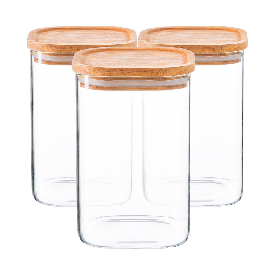 image 1 of Argon Tableware Square Glass Storage Jars with Wooden Lids - 1.1 Litre - Pack of 3