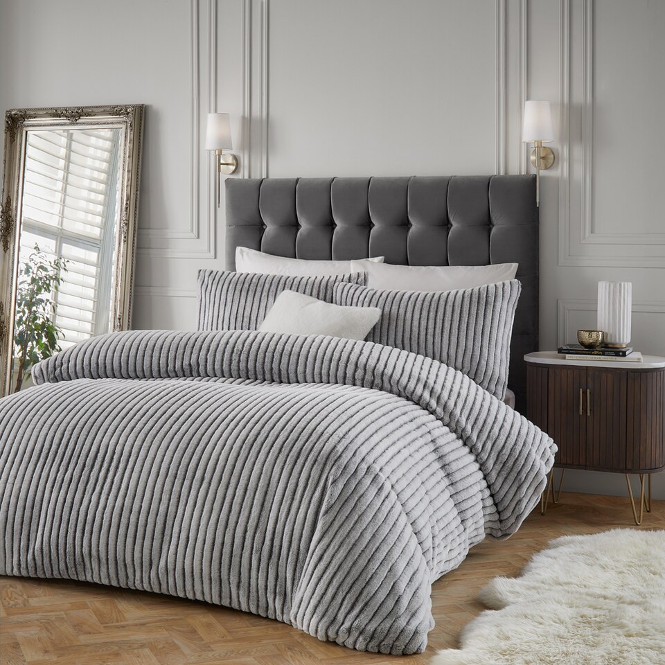 image 1 of Paoletti Alpine Striped Faux Fur Duvet Cover Set | Grey | Grey | King