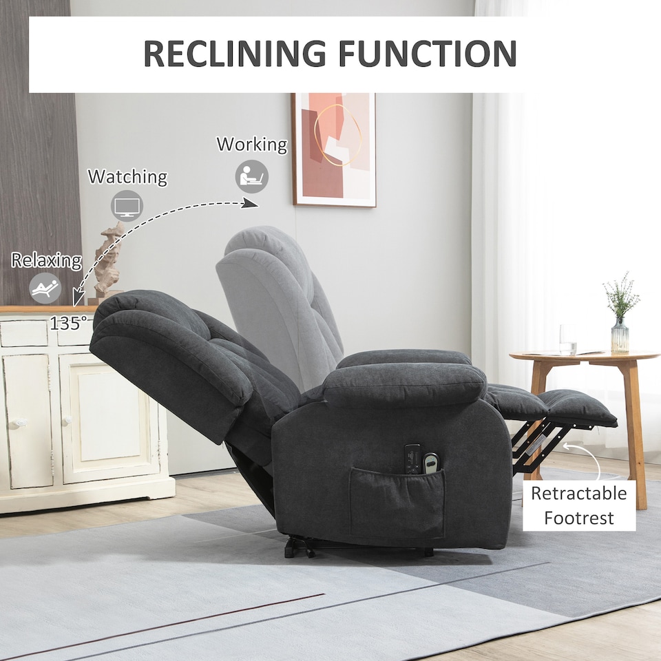 image 1 of HOMCOM Power Lift Recliner Chair with Massage, Linen Overstuffed Lift Chair for Elderly, Electric Recliner Armchair with Footrest, Remote Control and Side Pocket, for Living Room, Dark Grey | Grey | Dark Grey