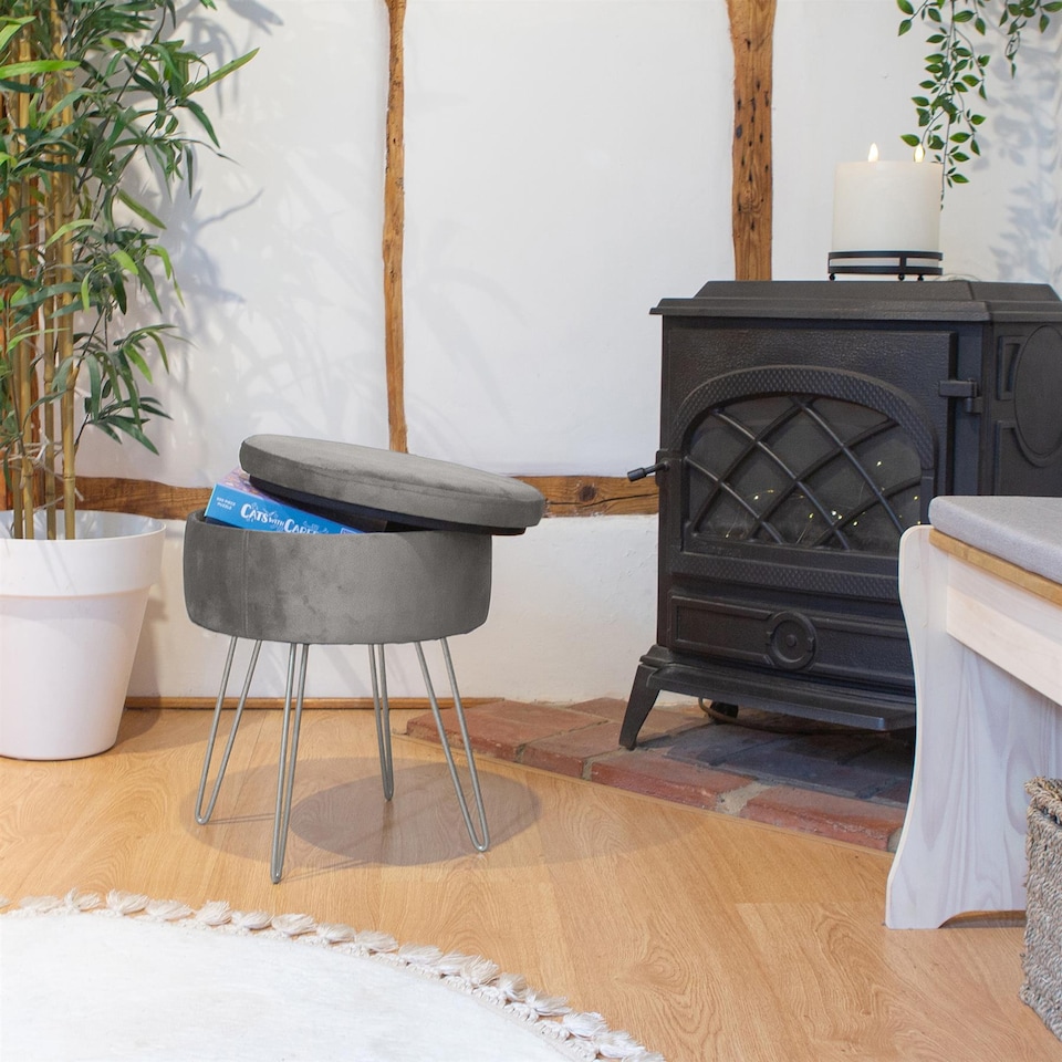 image 1 of Harbour Housewares Round Velvet Storage Footstool - H45 x D36cm - Grey/Silver | Grey | Grey/Silver