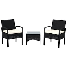 Outsunny 3PC Garden Rattan Bistro Set with Glass Top Table, Black
