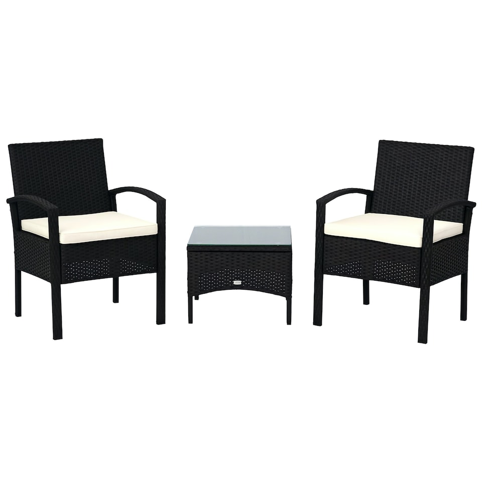 image 1 of Outsunny 3PC Garden Rattan Bistro Set with Glass Top Table, Black
