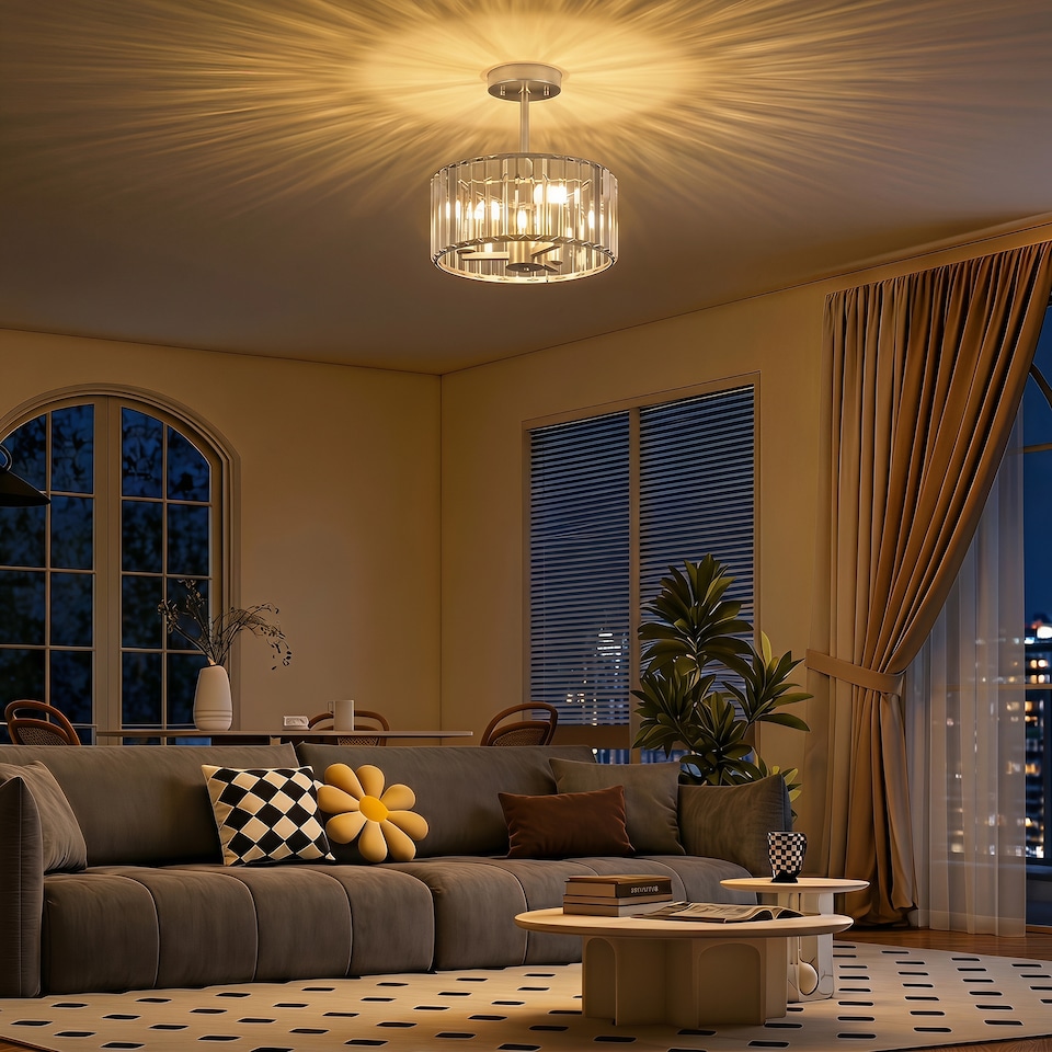image 1 of HOMCOM Semi Flush Mount Modern Crystal Chandelier Ceiling Light