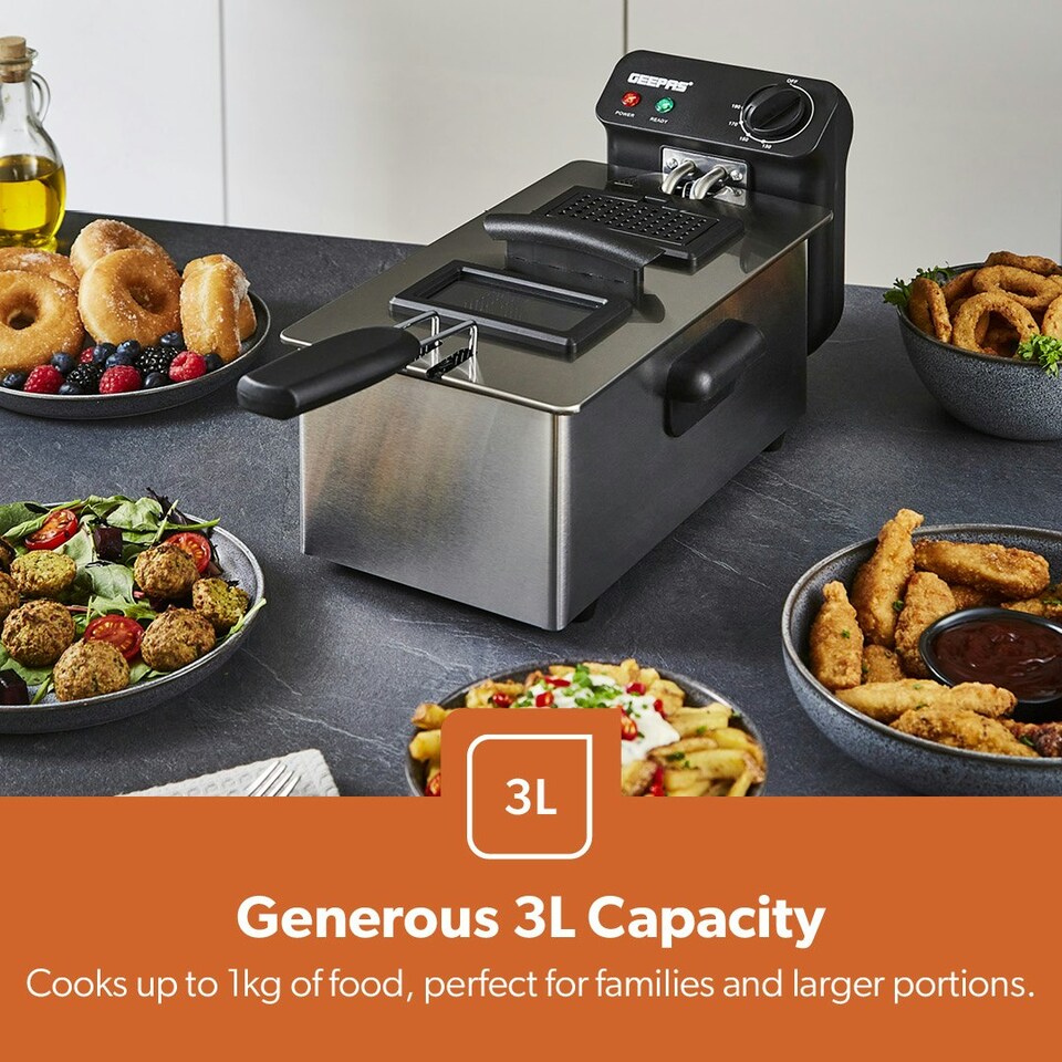 image 1 of GEEPAS Deep Fat Fryer 3L | Food Grade Stainless Steel with Viewing Window, Silver