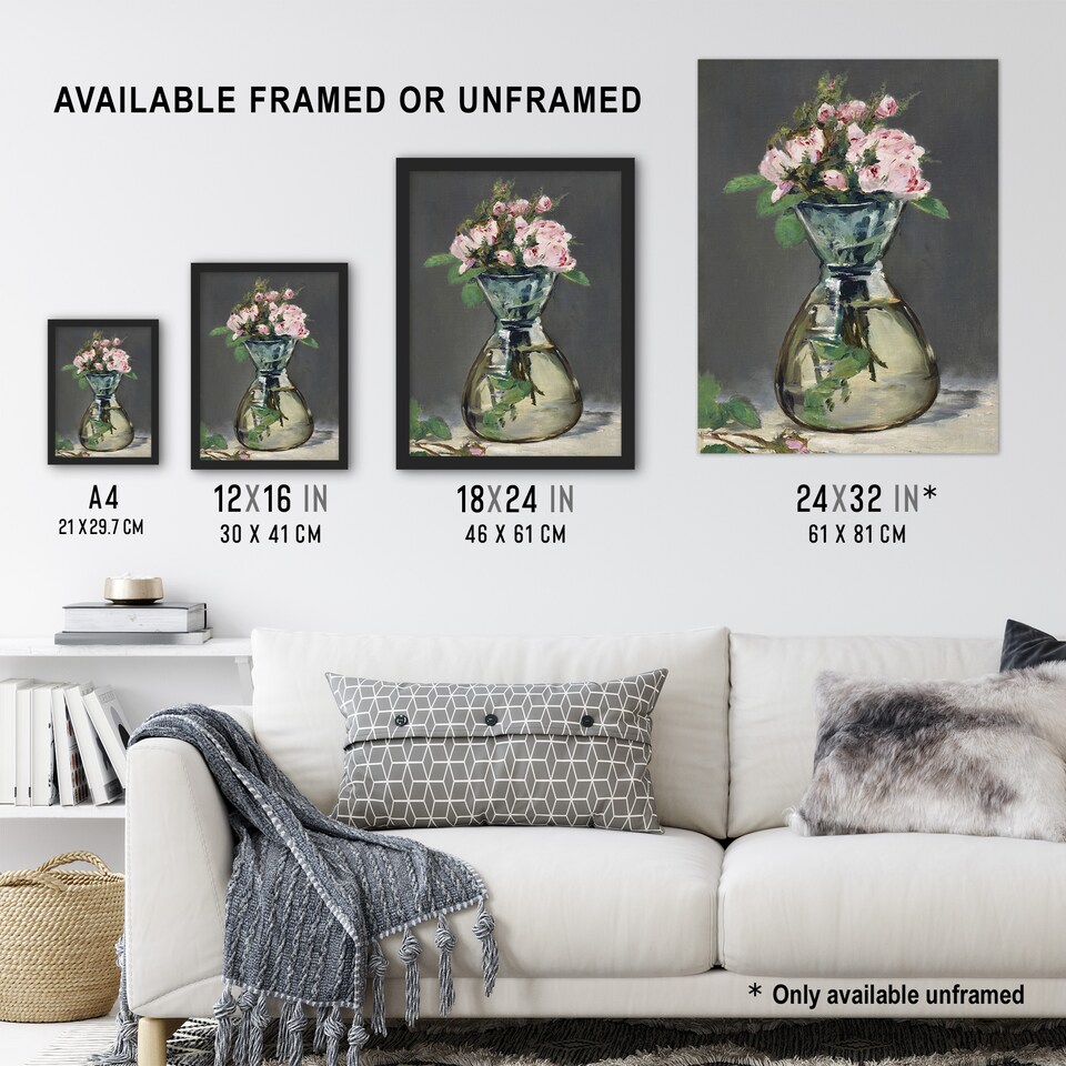image 1 of Moss Roses in a Vase Oil Painting Manet Vintage Huge Wall Art Poster 24X32"