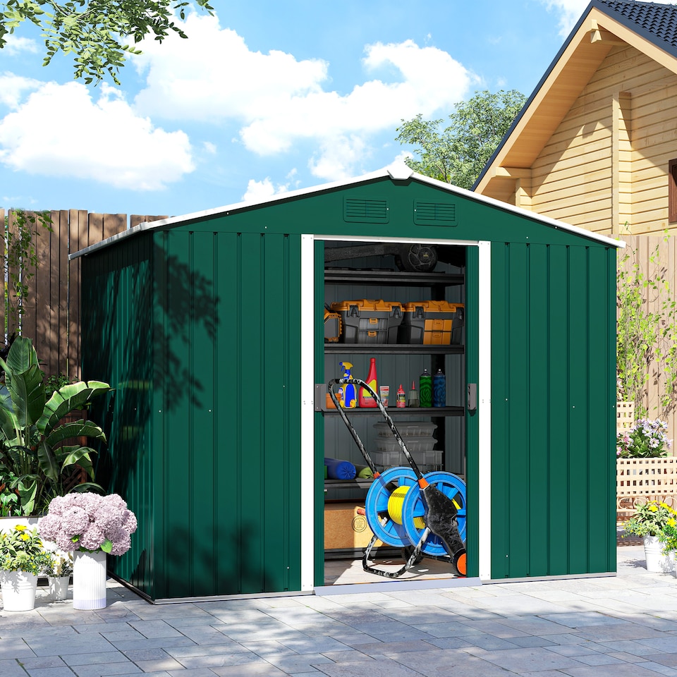image 1 of Outsunny 7.7 x 5.7ft Metal Garden Shed with Ventilation Slots and Sliding Doors, Galvanised Outdoor Tool Storage House, Green