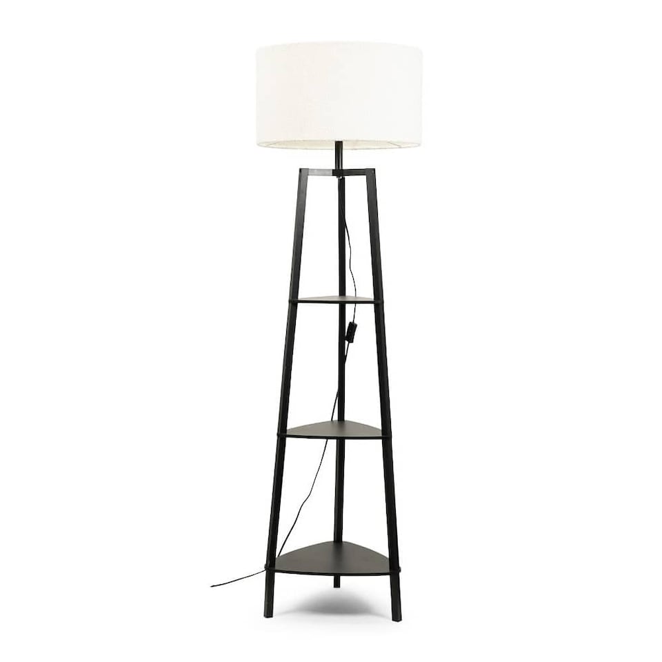 image 1 of ValueLights Hiru Black 3 Tier Shelf Floor Lamp Cream Shade & Bulb | Cream | Black