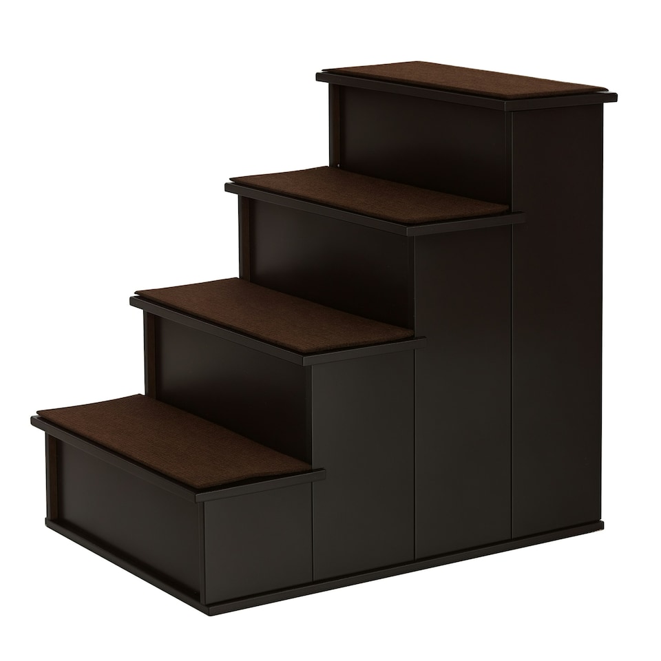 image 1 of PawHut 4 Step Wooden Dog Steps Pet Stairs Cat Ladder for Bed Couch, Dark Brown