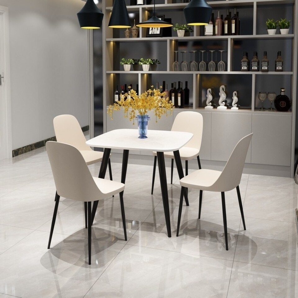 image 1 of Aspen Tapered Legs Square Dining Table and 4 Duo Plastic Seat Chairs with Metal Legs - White/Calico/Black - Flat Packed White