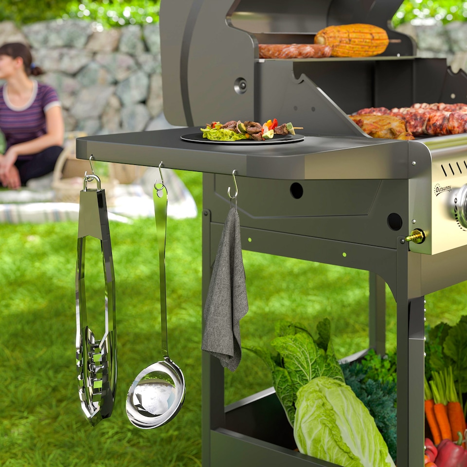 image 1 of Outsunny 3 Burner Propane Gas BBQ Grill with See-through Lid and Thermometer