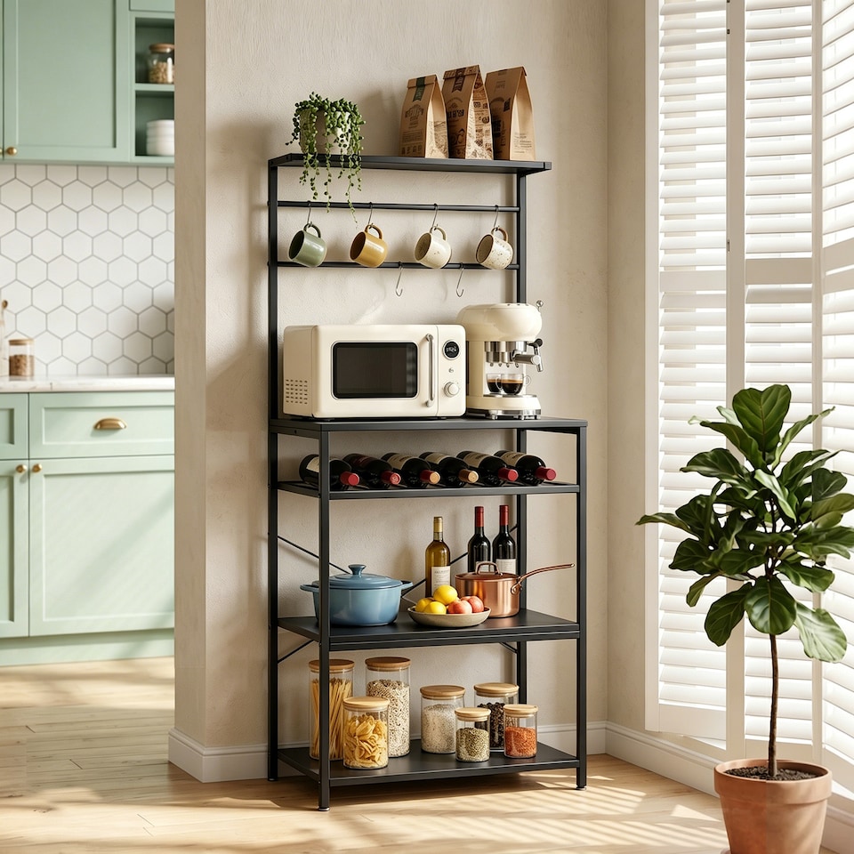 image 1 of HOMCOM Freestanding Shelving Unit with 6 Hooks and Wine Rack