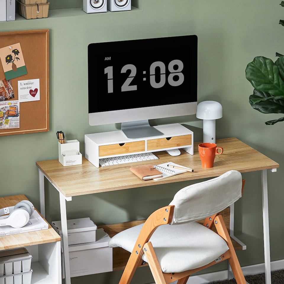 image 1 of SoBuy Wooden Monitor Stand with 2 Drawers, White/Natural, 18.5x7.0x4.3 inches, 2.8 kg - BBF02-WN