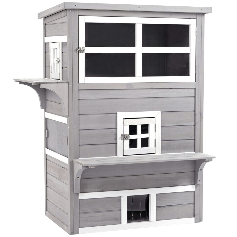 image 1 of PawHut 3-Tier Wooden Kitten Shelter for Indoor, Outdoor - Grey