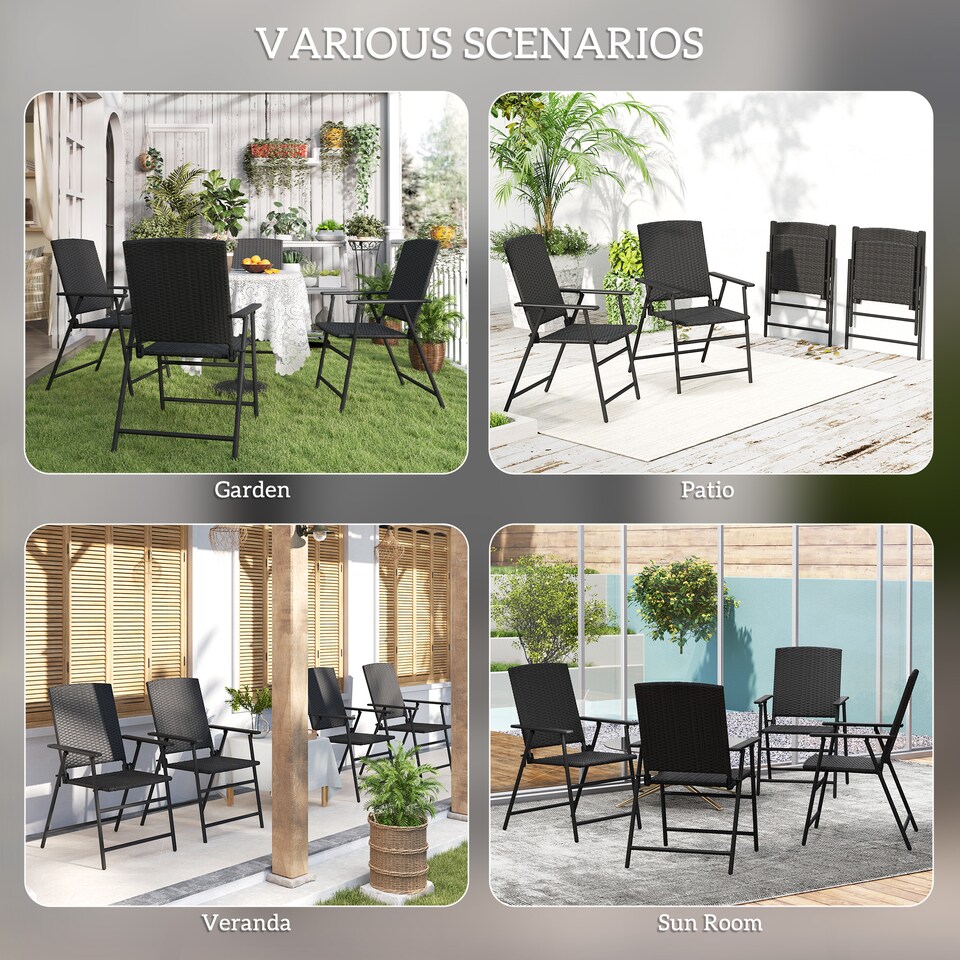 image 1 of Outsunny Folding Garden Chairs Set of 4, PE Rattan Garden Dining Chairs with Armrests, High Back and Steel Frame, Weather Resistant Outdoor Dining Furniture for Patio, Balcony, Black | Black