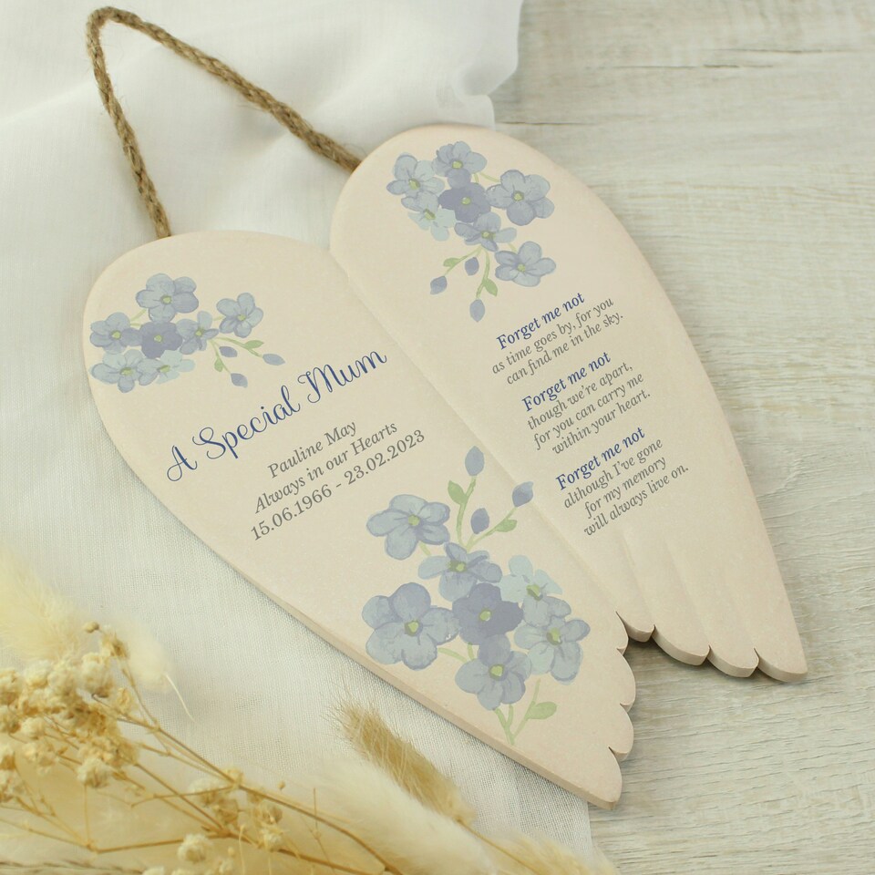 image 1 of Personalised Forget Me Not Memorial Ceramic Wings