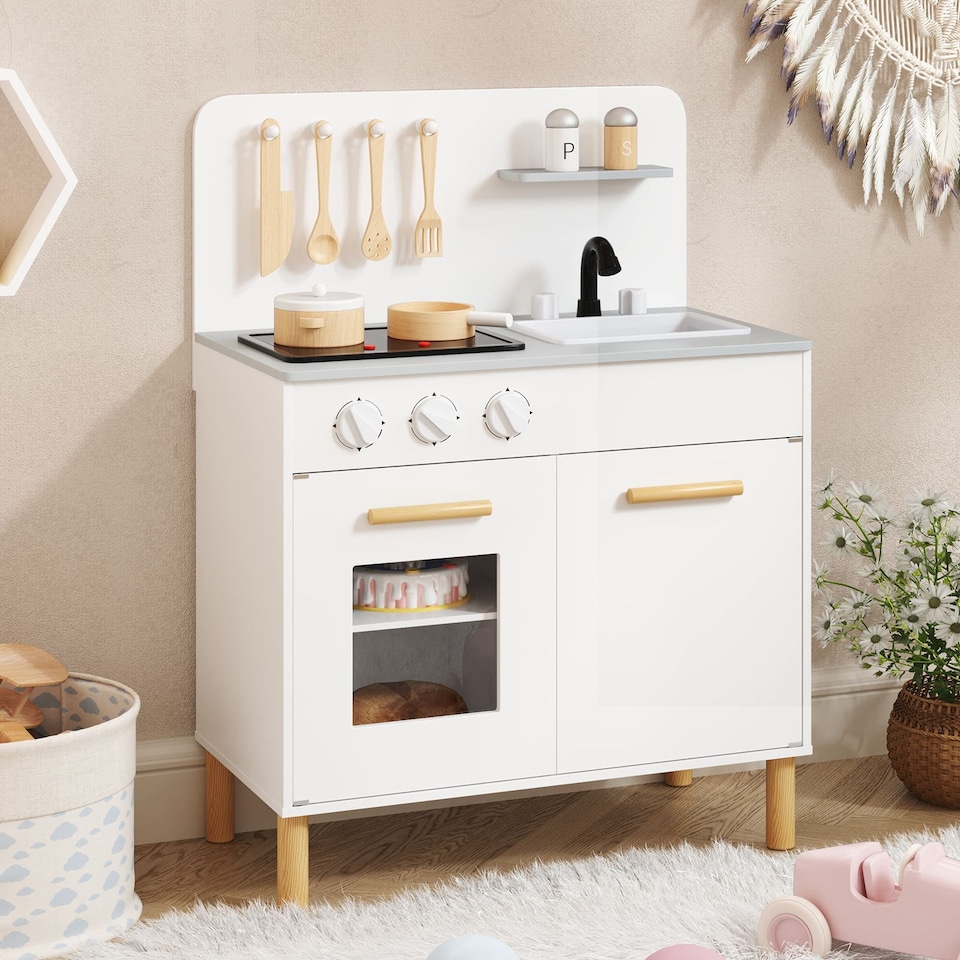 image 1 of COSTWAY Kids Kitchen Playset Toddler Pretend Play Kitchen w/Cooking Sounds-White