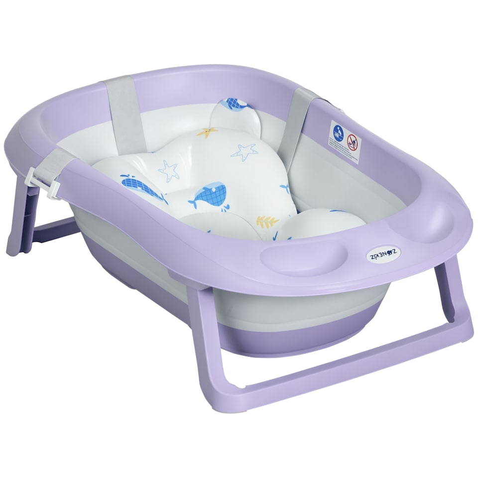 image 1 of ZONEKIZ Foldable Baby Bathtub w Non-Slip Support Legs, Cushion Pad - Purple