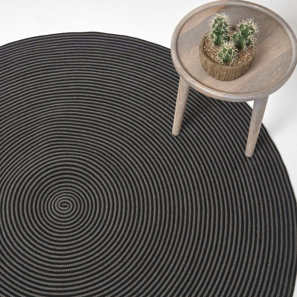 image 1 of Homescapes Grey and Black Handmade Woven Spiral Braided Rug - 200 cm Round | Grey | Grey and black