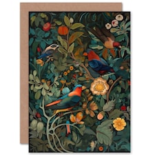 Parrot Birds in Exotic Blooming Jungle Folk Art Nature Greeting Card