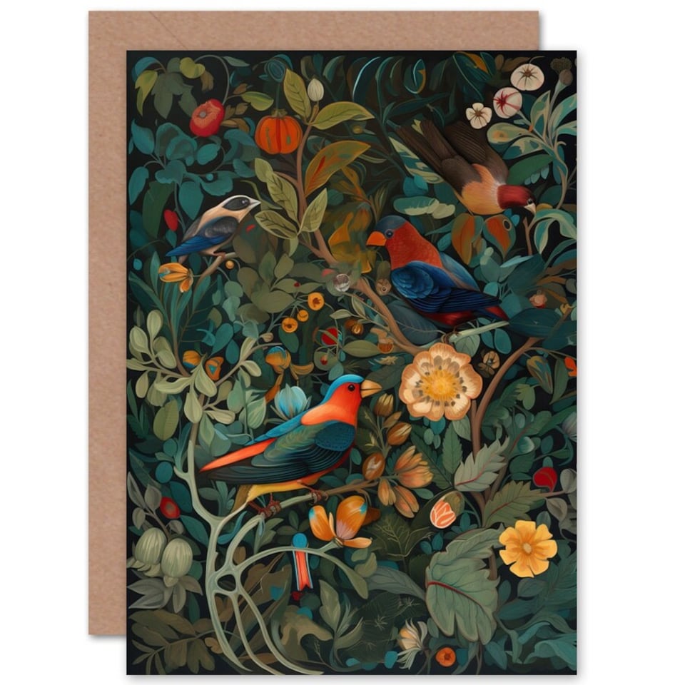 image 1 of Parrot Birds in Exotic Blooming Jungle Folk Art Nature Greeting Card