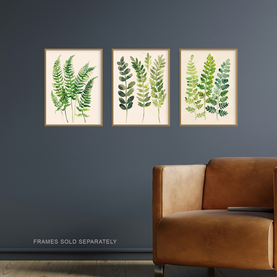image 1 of Set of 3 Fern Fronds Leaves Botanical Watercolour Living Room A4 Size Wall Art Prints Pack