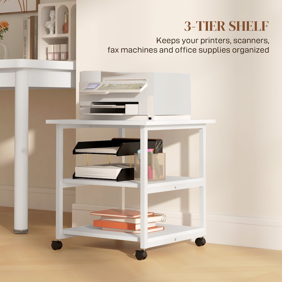 image 1 of HOMCOM 3-Tier Printer Stand with Storage Shelf, Mobile Printer Table on Wheels, 50 x 50 x 52.5cm Rolling Printer Cart for Home Office, White